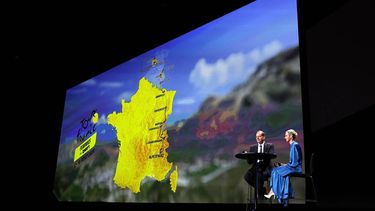 2023-10-25 12:07:45 Tour de France General Director Christian Prudhomme and French cyclist and Director of the Women's Tour de France Marion Rousse (R) sit in front of a map with the women's route during a press conference to unveil the official routes of the men and women 2024 edition of the Tour de France cycling race in Paris on October 25, 2023. The 2024 women's Tour de France will arrive in Alpe d'Huez on August 18 after departing from Rotterdam in the Netherlands six days earlier, as Paris prepares to host the Olympics.
Anne-Christine POUJOULAT / AFP