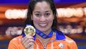 epa09223590 The Netherland's Ranomi Kromowidjojo poses with her gold medal after the women's 50m butterfly final of the LEN European Aquatics Championships at Duna Arena in Budapest, Hungary, 23 May 2021.  EPA/Tamas Kovacs
