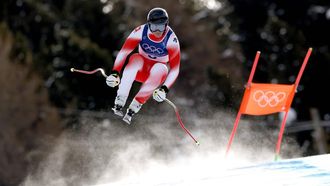 epa12711945 Franjo von Allmen of Switzerland competes in the Men's Downhill of the Alpine Skiing competition, at the Milano Cortina 2026 Winter Olympic Games, Stelvio ski centre in Bormio, Italy, 07 February 2026.  EPA/GUILLAUME HORCAJUELO