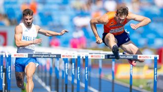 BIRMINGHAM - Liam van der Schaaf in actie op de kwalificatie 110 meter horden tijdens de tweede dag van de EK atletiek. IRIS VAN DEN BROEK / ANP