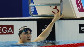 epa12274857 Caspar Corbeau of Netherlands reacts after competing in the Men's 200m Breaststroke Swimming semi-finals, heat 1, at the World Aquatics Championships Singapore 2025 in Singapore, 31 July 2025.  EPA/RUNGROJ YONGRIT