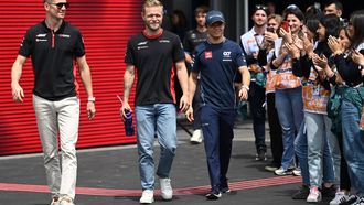 2023-04-30 11:11:01 Haas F1 Team's German driver Nico Hulkenberg, Haas F1 Team's Danish driver Kevin Magnussen and Alpha Tauri's Dutch driver Nyck de Vries attend the drivers' presentation prior to the Formula One Azerbaijan Grand Prix at the Baku City Circuit in Baku on April 30, 2023. 
NATALIA KOLESNIKOVA / AFP