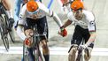 APELDOORN - Team Nederland Jan Willem van Schip en Yoeri Havik in actie tijdens de finale koppelkoers mannen op de tweede dag van het EK baanwielrennen in het Apeldoornse Omnisportcentrum. ANP VINCENT JANNINK