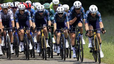 epa11472338 Danish rider Jonas Vingegaard (3-R) of Team Visma Lease a Bike in action during the 12th stage of the 2024 Tour de France cycling race over 203km from Aurillac to Villeneuve-sur-Lot, France, 11 July 2024.  EPA/GUILLAUME HORCAJUELO