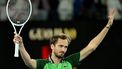 epa11105945 Daniil Medvedev of Russia celebrates his Men’s semifinal win over Alexander Zverev of Germany on Day 13 of the 2024 Australian Open at Melbourne Park in Melbourne, Australia, 27 January 2024.  EPA/JAMES ROSS AUSTRALIA AND NEW ZEALAND OUT