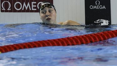 epa12279330 Milou van Wijk of Netherlands reacts after competing in the Women's 50m Freestyle Semifinals at the World Aquatics Championships Singapore 2025 in Singapore, 02 August 2025.  EPA/RUNGROJ YONGRIT