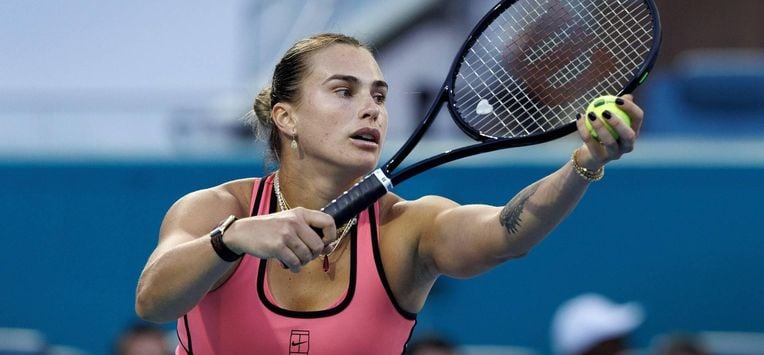 epa12849969 Aryna Sabalenka of Belarus prepares to serve against Hailey Baptiste of USA during their Women's Quarterfinal match at the 2026 Miami Open tennis tournament in Miami, Florida, USA, 25 March 2026.  EPA/CRISTOBAL HERRERA-ULASHKEVICH