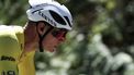 Alpecin - Deceuninck team's Dutch rider Mathieu van der Poel wearing the overall leader's yellow jersey cycles with the pack of riders (peloton) during the 7th stage of the 112th edition of the Tour de France cycling race, 197 km between Saint-Malo and Mur-de-Bretagne Guerledan, in Brittany, western France, on July 11, 2025. 
Anne-Christine POUJOULAT / AFP