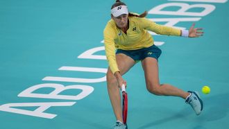 Elena Rybakina of Kazakhstan hits a return against Russia's Daria Kasatkina during their Women's Singles final match at the Mubadala Abu Dhabi Open tennis tournament in Abu Dhabi on February 11, 2024. 
RYAN LIM / AFP