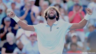 epa13187720 Arthur Fils of France celebrates his win over Frances Tiafoe of the USA during their final match of the Cincinnati Open tennis tournament in Cincinnati, USA, 23 August 2026.  EPA/MARK LYONS
