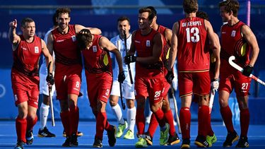 Belgium's forward #03 Thibeau Stockbroekx celebrates scoring his team's third goal in the men's pool B field hockey match between Belgium and Argentina during the Paris 2024 Olympic Games at the Yves-du-Manoir Stadium in Colombes on August 2, 2024. 
Loic VENANCE / AFP