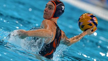 Netherlands' #04 Sabrina Van Der Sloot shoots to score a penalty in the women's water polo bronze medal match between USA and the Netherlands during the Paris 2024 Olympic Games at the Paris La Defense Arena in Paris on August 10, 2024. 
Andreas SOLARO / AFP