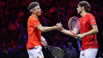US's Taylor Fritz (R) and US's Ben Shelton (L) of Team World celebrate during their 2024 Laver Cup men's doubles tennis match against Germany’s Alexander Zverev and Spain’s Carlos Alcaraz of Team Europe, in Berlin, on September 20, 2024. 
Ronny Hartmann / AFP
