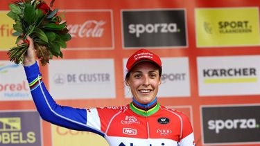 Dutch Lucinda Brand celebrates on the podium after the women elite race of the 