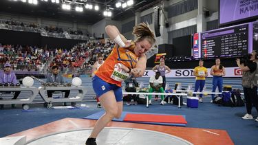 epa11978729 Jessica Schilder of Netherlands competes in the Women's Shot Put final at the World Athletics Indoor Championships in Nanjing, China, 21 March 2025.  EPA/ANDRES MARTINEZ CASARES