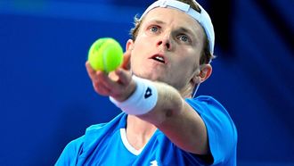 Dutch Jesper de Jong prepares to serve the ball to Canada's Felix Auger Aliassime during their men's singles semi-finals tennis match at the Open Occitanie ATP World Tour in Montpellier, southern France on February 1, 2025.  
Sylvain THOMAS / AFP