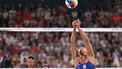 Netherlands' #01 Katja Stam digs the ball in the women's pool E beach volleyball match between Netherlands and Japan during the Paris 2024 Olympic Games at the Eiffel Tower Stadium in Paris on July 30, 2024. 
Kirill KUDRYAVTSEV / AFP