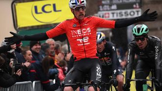 INEOS Grenadiers' French rider Dorian Godon celebrates as he crosses the finish line to win the 7th stage of the Paris-Nice cycling race, 47 km between Le Broc and Isola-Village, on March 14, 2026. Due to deteriorating weather conditions, the route of stage 7 has been changed to a 47 km race from Le Broc to Isola.
Anne-Christine POUJOULAT / AFP