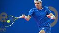 Dutch Jesper de Jong returns the ball to Canada's Felix Auger Aliassime during their men's singles semi-finals tennis match at the Open Occitanie ATP World Tour in Montpellier, southern France on February 1, 2025. 
Sylvain THOMAS / AFP
