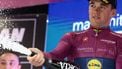 Lidl-Trek's Danish rider Mads Pedersen celebrates the Cyclamen Jersey on the podium of the 12th stage of the 108th Giro d'Italia cycling race of 172kms from Modena to Viadana on May 22, 2025. 
Luca Bettini / AFP
