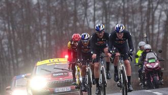 (From R) Red Bull - BORA - hansgrohe's Dutch rider Tim van Dijke, Red Bull - BORA - hansgrohe's Dutch rider Mick van Dijke, Red Bull - BORA - hansgrohe's Colombian rider Daniel Felipe Martínez and Team Visma - Lease a Bike's Danish rider Jonas Vingegaard lead the 4th stage of the Paris-Nice cycling race, 195 km between Bourges and Uchon, on March 11, 2026. 
Anne-Christine POUJOULAT / AFP