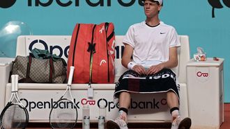 Italy's Jannik Sinner takes a break as he plays against Russia's Karen Khachanov during the fourth round of the 2024 ATP Tour Madrid Open tournament tennis match at Caja Magica in Madrid on April 30, 2024. 
Thomas COEX / AFP
