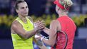 epa11907704 Clara Tauson (R) of Denmark celebrates winning her third round match against Aryna Sabalenka (L) of Belarus at the Dubai Duty Free Tennis WTA Championships 2025 in Dubai, United Arab Emirates, 19 February 2025.  EPA/ALI HAIDER