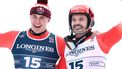epa11890590 Gold medalists Franjo von Allmen (L) and Loic Meillard of Switzerland pose in the finish area after the Slalom race of the Men's Team Combined event at the FIS Alpine Skiing World Championships in Saalbach Hinterglemm, Austria, 12 February 2025.  EPA/ANNA SZILAGYI