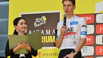 2023-11-04 07:05:23 Tadej Pogacar of Slovenia (R) speaks to the crowd during an event a day ahead of the Tour de France Saitama Criterium cycling race in Saitama on November 5, 2023. 
Richard A. Brooks / AFP