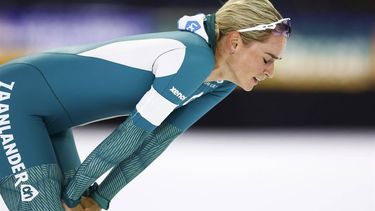 HEERENVEEN - Irene Schouten reageert na de 1.500m dames in ijsstadion Thialf. Het langebaanseizoen start met dit driedaagse kwalificatietoernooi voor de wereldbeker. ANP VINCENT JANNINK