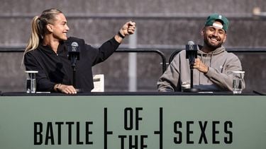 Belarus’ Aryna Sabalenka (L) and Australia's Nick Kyrgios react during a press conference on the eve of the Battle of the Sexes exhibition match between Sabalenka and Kyrgios at Atlantis The Royal, in Dubai on December 27, 2025. 
FADEL SENNA / AFP