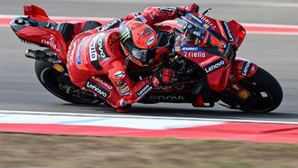 2023-10-13 11:54:25 Ducati Lonovo Team's Italian rider Francesco Bagnaia rides during the free practice session of the Indonesian MotoGP at the Mandalika International Circuit in Kuta Mandalika, Central Lombok, on October 13, 2023. 
Sonny TUMBELAKA / AFP