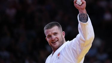 2023-02-05 18:56:34 Netherland's Korrel Michael reacts after winning against UAE's Dzhafar Kostoev during the final of the men's -100kg category at the Paris Grand Slam judo tournament in Paris on February 5, 2023. 
Anne-Christine POUJOULAT / AFP