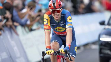 UCI WorldTeam Lidl–Trek's Danish cyclist Mads Pedersen reacts after finishing second in the third stage of the Danmark Rundt 2023 cycling race in Vejle, Denmark on August 17, 2023. 
Bo Amstrup / Ritzau Scanpix / AFP