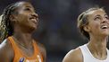 2023-08-21 20:54:38 epa10812388 N'Ketia Seedo of Netherlands (L) and Rani Rosius of Belgium (R) react during the 100 Metres Women semi-final competition of the World Athletics Championships in Budapest, Hungary, 21 August 2023.  EPA/ROBERT GHEMENT