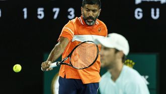 epa11108127 Rohan Bopanna (L) of India and Matthew Ebden (R) of Australia in action during their Men’s Doubles final against Simone Bolelli and Andrea Vavassori of Italy on Day 14 of the Australian Open tennis tournament in Melbourne, Australia, 27 January 2024.  EPA/MAST IRHAM