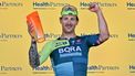 Bora-Hansgrohe rider Sam Welsford of Australia celebrates winning the third stage of the Tour Down Under cycling race in Adelaide on January 18, 2024. 
Brenton EDWARDS / AFP