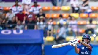 Nepal's Dipendra Singh Airee plays a shot during the men's quarter-final cricket match between India and Nepal at the 2022 Asian Games in Hangzhou, in China's eastern Zhejiang province on October 3, 2023. 
Philip FONG / AFP