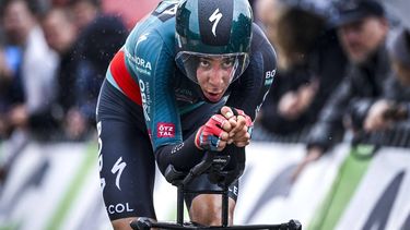 (FILES) Bora-Hansgrohe's Belgian Cian Uijtdebroeks competes in the Men's 41,6 km individual time trial elite race at the Belgian Championships cycling, around Herzele on June 22, 2023. The Belgian Cian Uytdebroeks, considered at 20 years old as one of the great hopes of world cycling after his 8th place in the Vuelta last summer. The Dutch team Visma-Lease a bike (Jumbo-Visma) announced last weekend that they had recruited him for four years from January 1.
DIRK WAEM / Belga / AFP