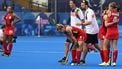 Belgium's players react to their defeat in the women's bronze medal field hockey match between Argentina and Belgium during the Paris 2024 Olympic Games at the Yves-du-Manoir Stadium in Colombes on August 9, 2024. 
ARUN SANKAR / AFP