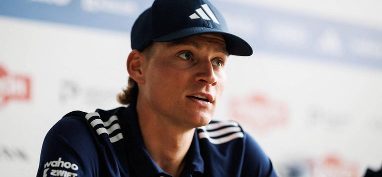 Netherlands' Mathieu van der Poel of Alpecin-Premier Tech cycling team addresses media representatives during a press conference ahead of the 2026 Paris-Roubaix cycling race in Gullegem on April 9, 2026.  The 123rd edition of the men's Paris-Roubaix covering a distance of 258,3 km will take place on April 12, and the women's edition of 143,1 km the same day. 
KURT DESPLENTER / Belga / AFP