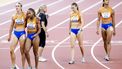 2023-08-26 21:57:11 BOEDAPEST - Lieke Klaver, N'Ketia Seedo, Nadine Visser en Tasa Jiya na de 4x100 meter op de achtste dag van de wereldkampioenschappen atletiek. ANP ROBIN VAN LONKHUIJSEN