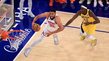 Knicks' center #32 Karl-Anthony Towns drives to the basket past Pacers' center #43 Pascal Siakam during Game Five of the Eastern Conference Finals of the 2025 NBA Playoffs between the New York Knicks and the Indiana Pacers at Madison Square Garden in New York on May 29, 2025. 
CHARLY TRIBALLEAU / AFP