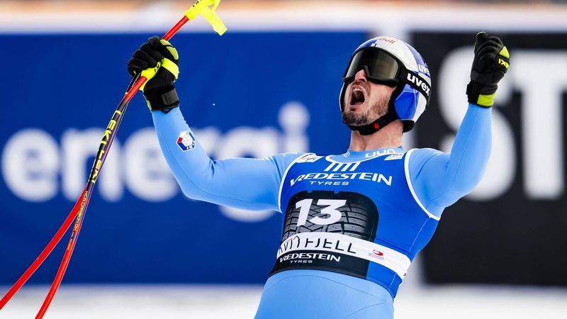 epa12838160 Dominik Paris of Italy reacts in the finish area during the men's Downhill race at the FIS Alpine Skiing World Cup Finals in Kvitfjell, Norway, 21 March 2026.  EPA/JEAN-CHRISTOPHE BOTT
