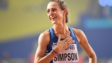 USA's Jenny Simpson reacts after winning the Women's 1500m heats at the 2019 IAAF Athletics World Championships at the Khalifa International stadium in Doha on October 2, 2019. 
Jewel SAMAD / AFP