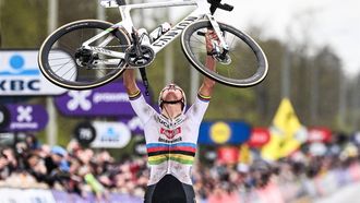 Dutch Mathieu van der Poel of Alpecin-Deceuninck celebrates after winning the men's race of the 'Ronde van Vlaanderen' (Tour des Flandres) one day cycling race, 270,8 km from Antwerp to Oudenaarde, on March 31, 2024. 
LAURIE DIEFFEMBACQ / Belga / AFP