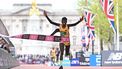 Kenya's Peres Jepchirchir crosses the line to win the women's race in a world record time for a women's only race at the 2024 London Marathon in central London on April 21, 2024. 
JUSTIN TALLIS / AFP
