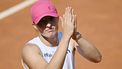 Poland's Iga Swiatek celebrates after winning her match against USA's Madison Keys during the Women's WTA Rome Open tennis tournament at Foro Italico in Rome on May 14, 2024.  
Filippo MONTEFORTE / AFP