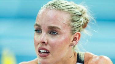 Britain's Keely Hodgkinson reacts after breaking the world record in the 800m Women final at the Athletics meeting 