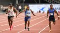 2023-09-02 13:35:20 USA's Christian Coleman (C) wins the men's 100m event ahead of USA's Fred Kerley (L) and Jamaica's Yohan Blake (R) during the Diamond League athletics meeting in Xiamen, in China’s eastern Fujian province on September 2, 2023. 
GREG BAKER / AFP